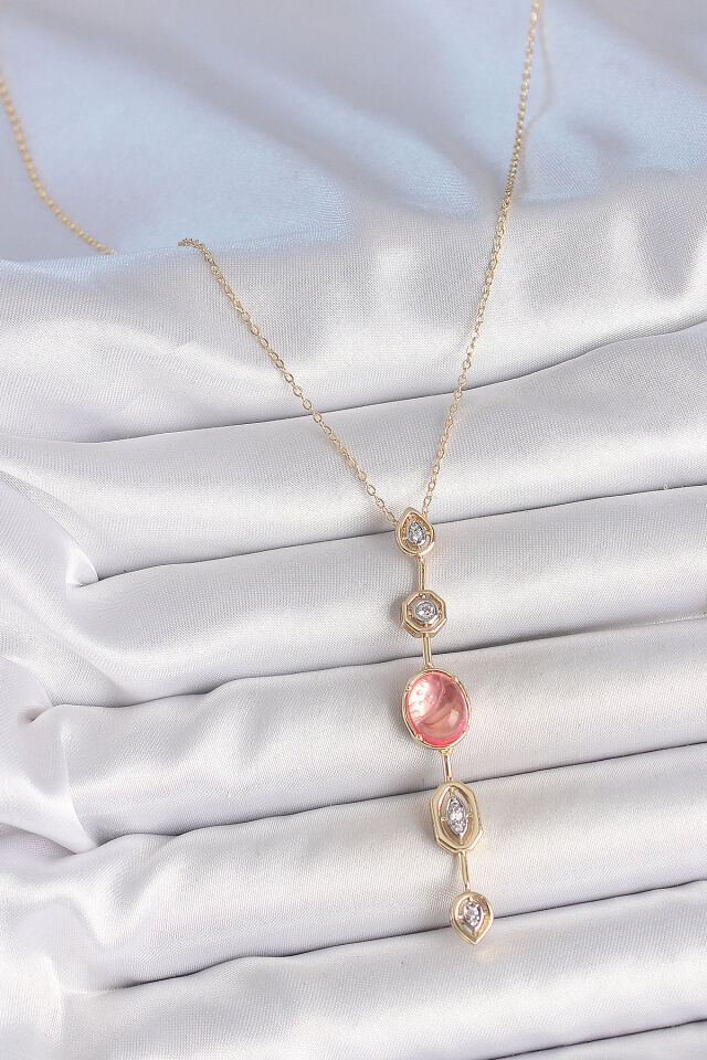 Pirinç Zincir Pembe Gold Renk Zirkon Taşlı Y Kolye