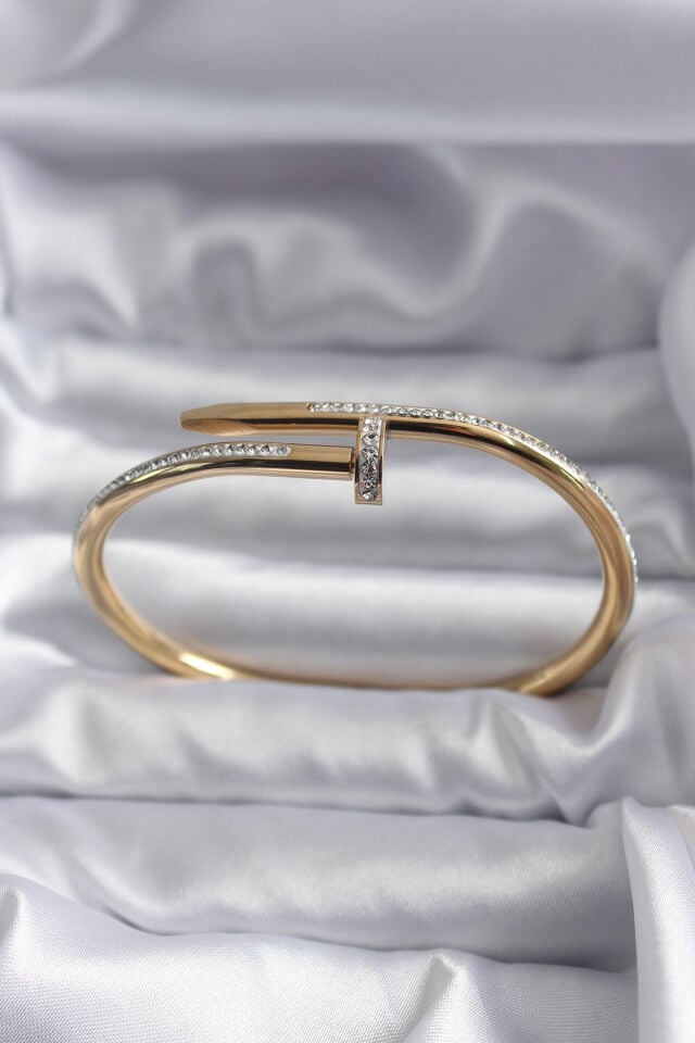 316L Çelik Gold Renk Çivi Model Zirkon Taş Detay Kadın Bileklik