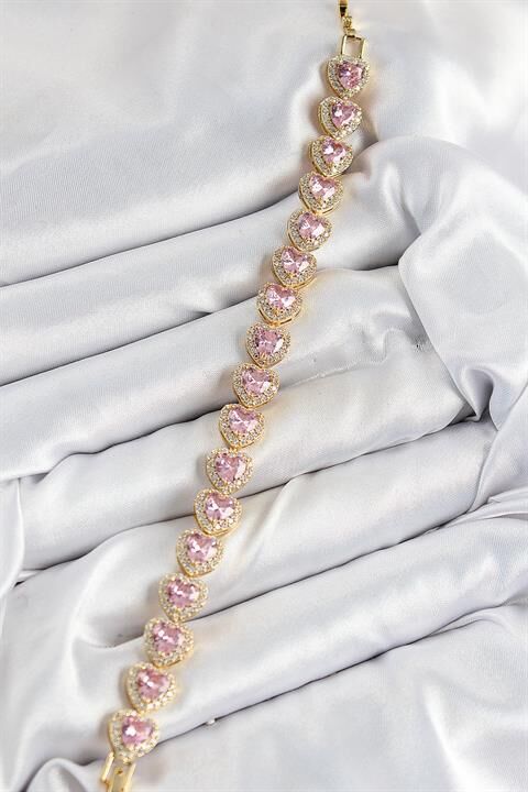 Pirinç Zirkon Taşlı Pembe Kalp Baget Model Gold Renk VIP Seri Kadın Bileklik