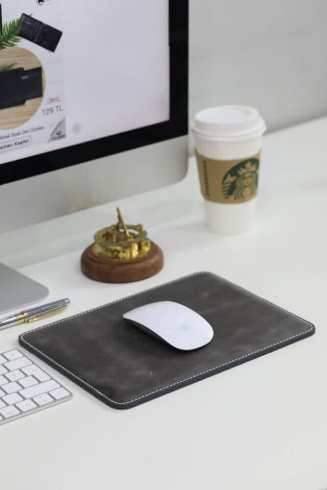Guard Dikiş Detaylı Antik Gri Deri Mouse Pad 26 x 20 Cm