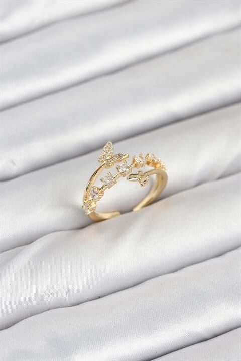 Pirinç Gold Renk Zirkon Taşlı Kelebek Model Kadın Yüzük