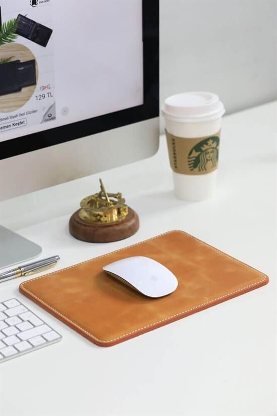 Guard Dikiş Detaylı Antik Sarı Deri Mouse Pad 26 x 20 Cm
