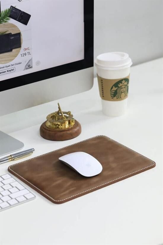 Guard Dikiş Detaylı Antik Kahverengi Deri Mouse Pad 26 x 20 Cm