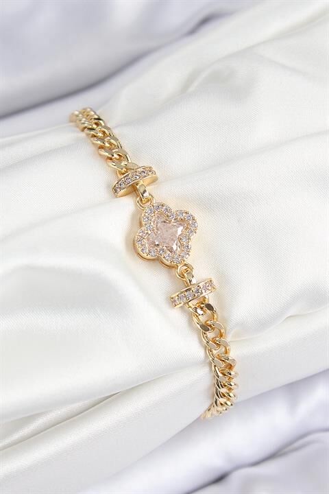 Pirinç Zirkon Taşlı Yonca Model Gold Renk Kadın Bileklik