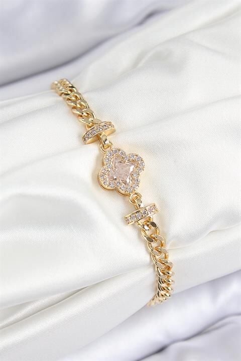 Pirinç Zirkon Taşlı Yonca Model Gold Renk Kadın Bileklik