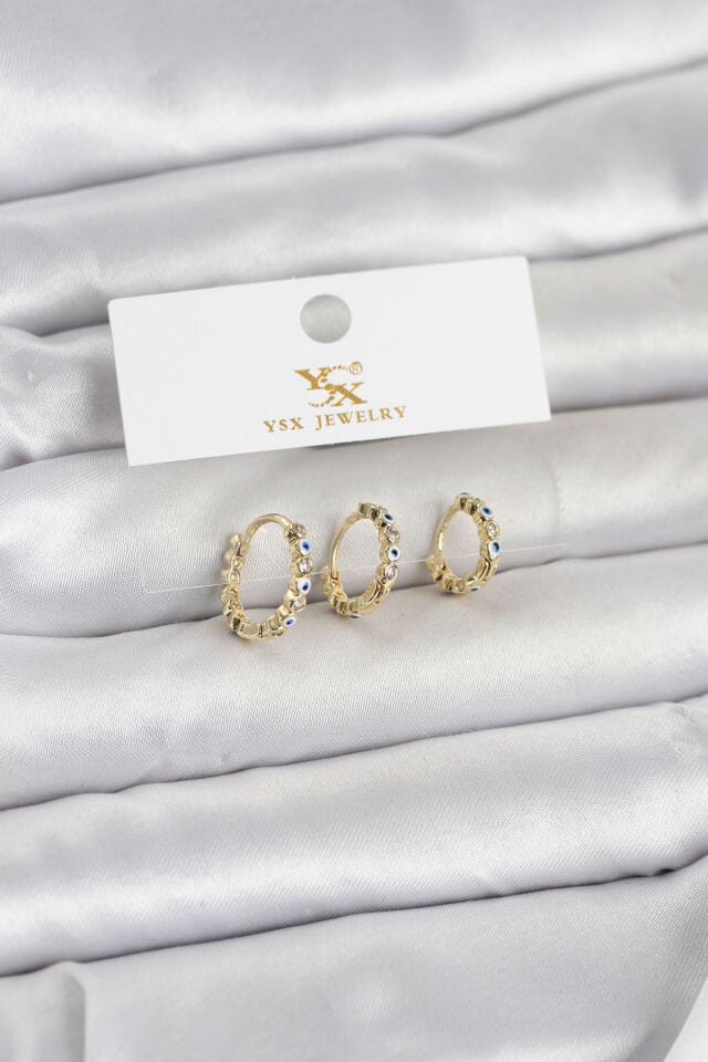Pirinç Gold Renk Nazarlı Model 3'lü Kadın Küpe