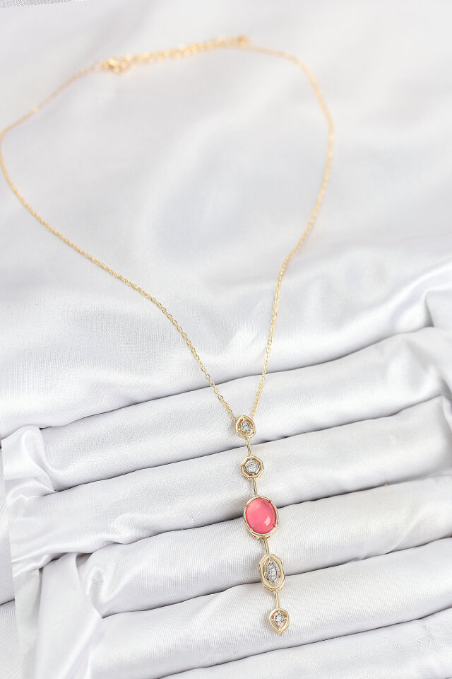 Pirinç Zincir Pembe Gold Renk Zirkon Taşlı Y Kolye