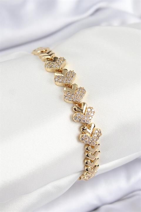 Pirinç Zirkon Taşlı Kalp Model Gold Renk Kadın Bileklik