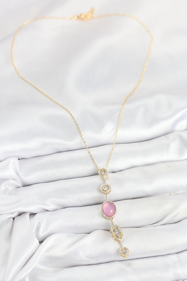 Pirinç Zincir Pembe Gold Renk Zirkon Taşlı Y Kolye
