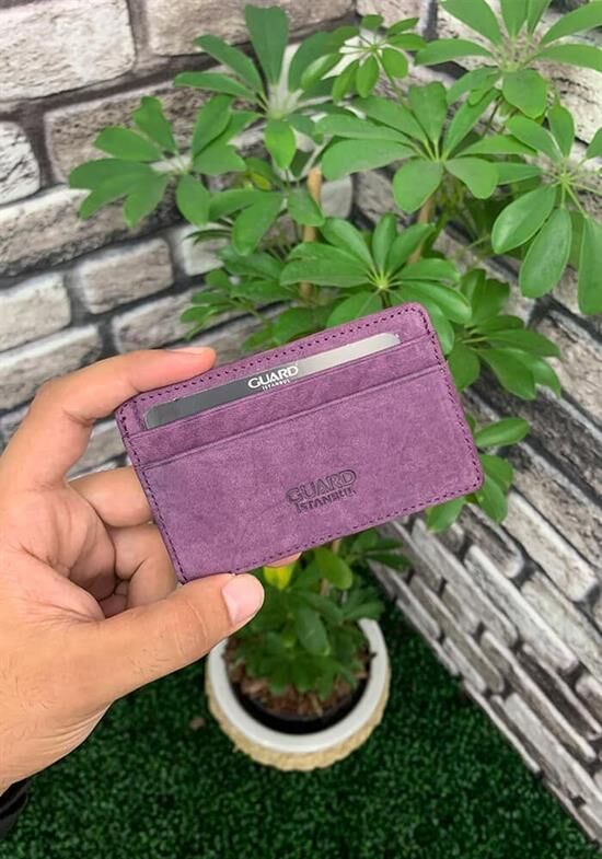 Guard Ultra İnce Unisex Mor Nubuk Minimal Deri Kartlık