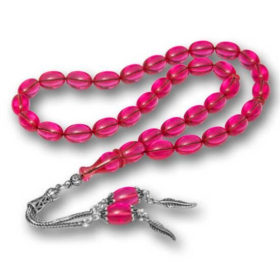 Gümüş Püsküllü Pembe Ateş Kehribar Tesbih
