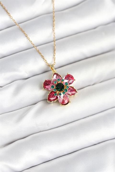 316L Çelik Zincirli Pembe Çiçek Model Kadın Kolye