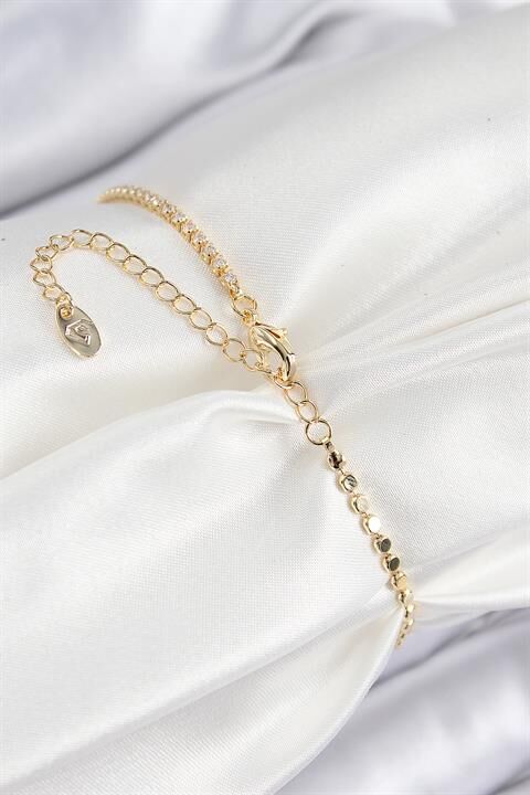 Pirinç Zirkon Taşlı Damla Model Ezme Zincir Gold Renk Kadın Bileklik