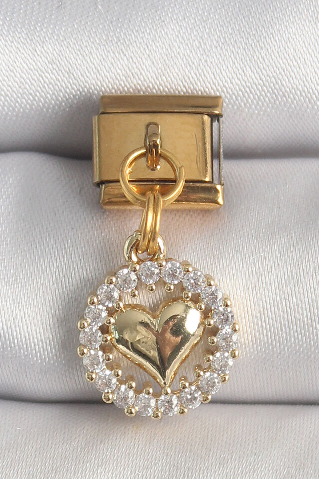 316L Çelik Gold Renk Sallantı Zirkon Taşlı Kalp Model Nomination Charm