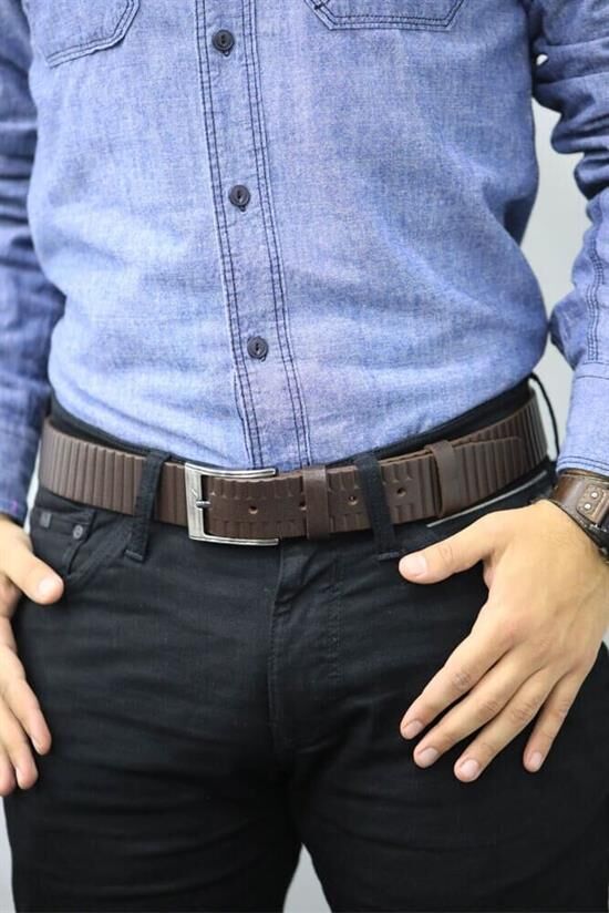 Guard Kahverengi Geniş Çizgili Desen Deri Kemer