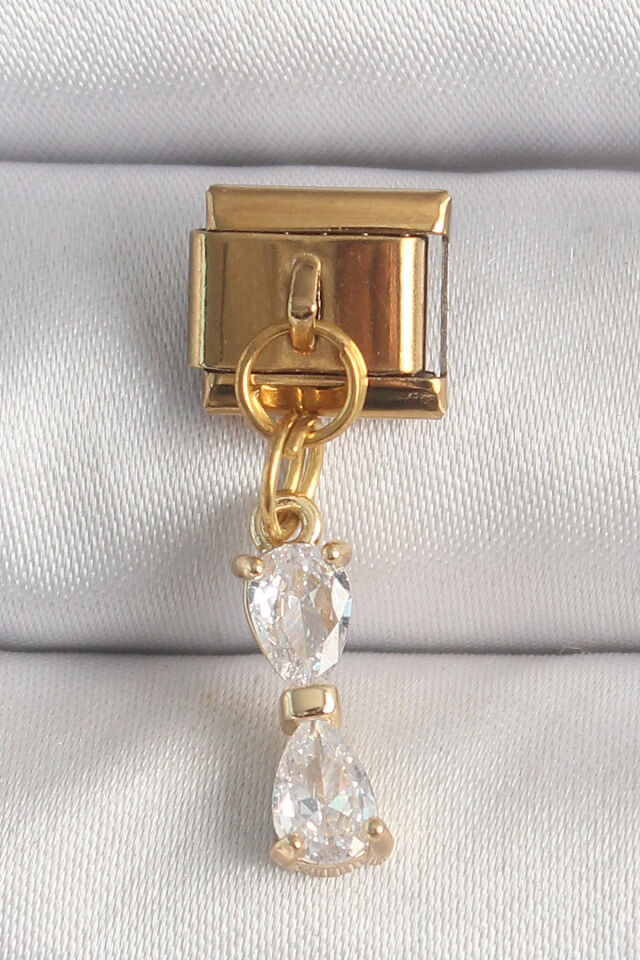 316L Çelik Gold Renk Sallantı Zirkon Taşlı Kurdele Model Nomination Charm
