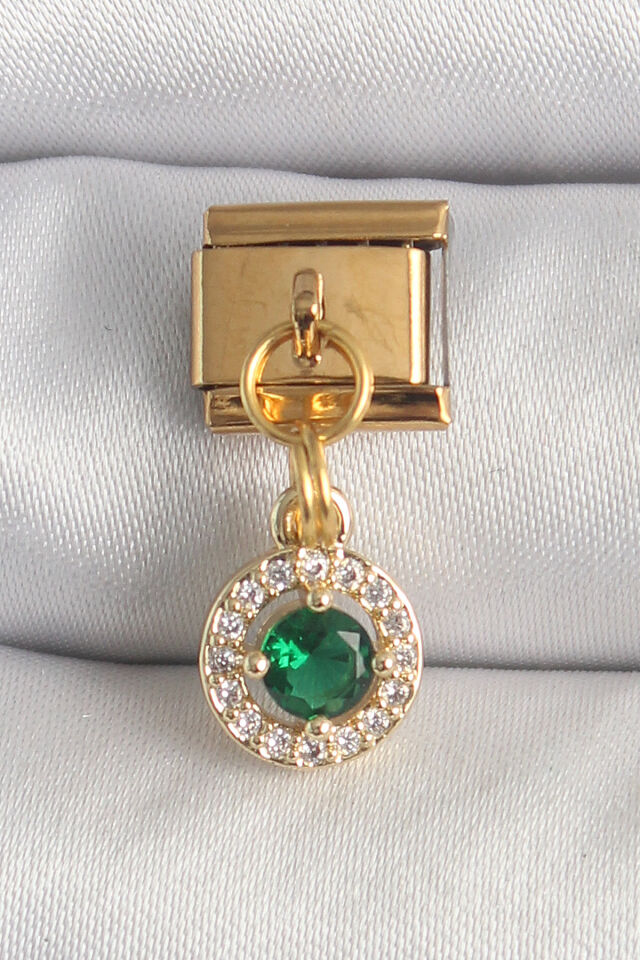 316L Çelik Gold Renk Sallantı Yeşil Zirkon Taşlı Nomination Charm