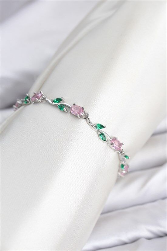 Pirinç Gümüş Renk Pembe Zirkon Taşlı Çiçek Model Kadın Bileklik