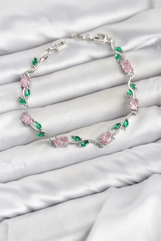 Pirinç Gümüş Renk Pembe Zirkon Taşlı Çiçek Model Kadın Bileklik