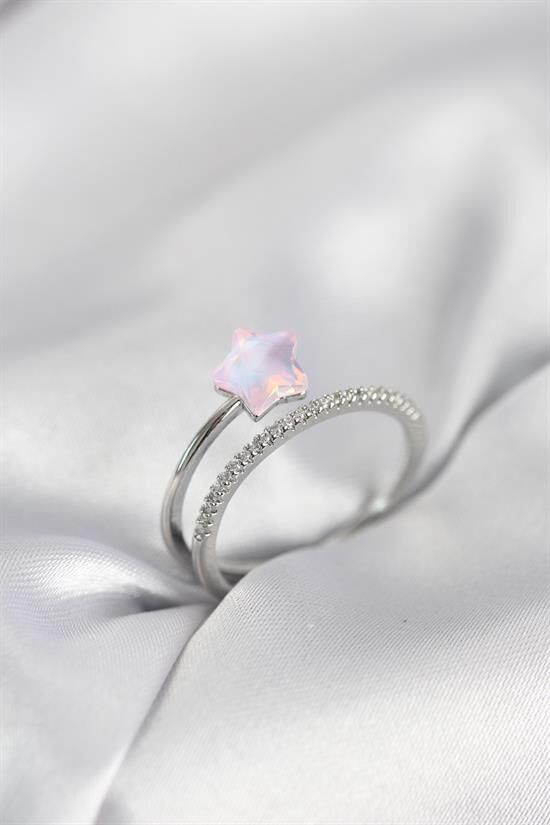 Gümüş Renk Zirkon Taşlı Pembe Halley Model Kadın Yüzük