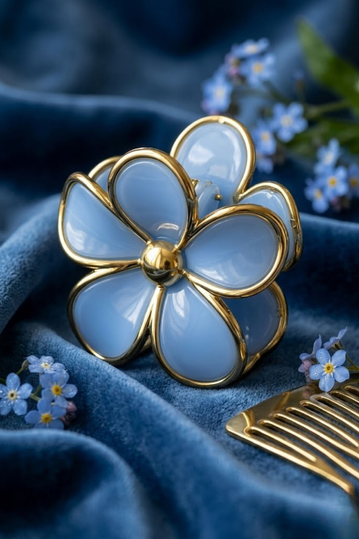 Lüks Seri 9 cm Daisy Papatya Mandal Toka - Gold Varaklı Tasarım Mavi