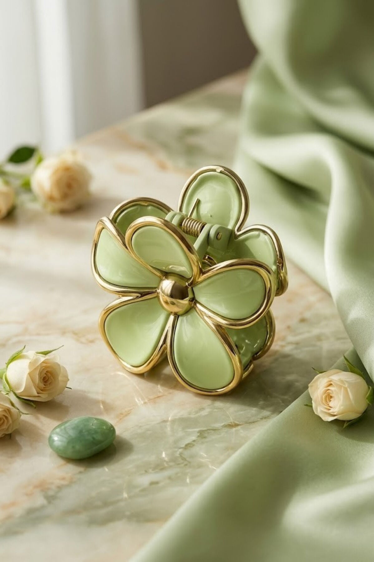 Lüks Seri 9 cm Daisy Papatya Mandal Toka - Gold Varaklı Tasarım Yeşil