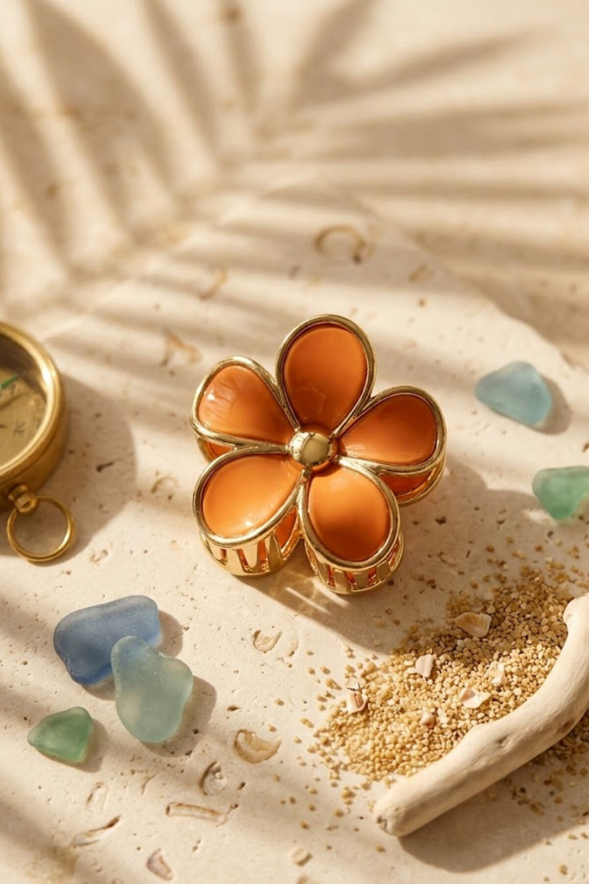 Lüks Seri 9 cm Daisy Papatya Mandal Toka - Gold Varaklı Tasarım Turuncu