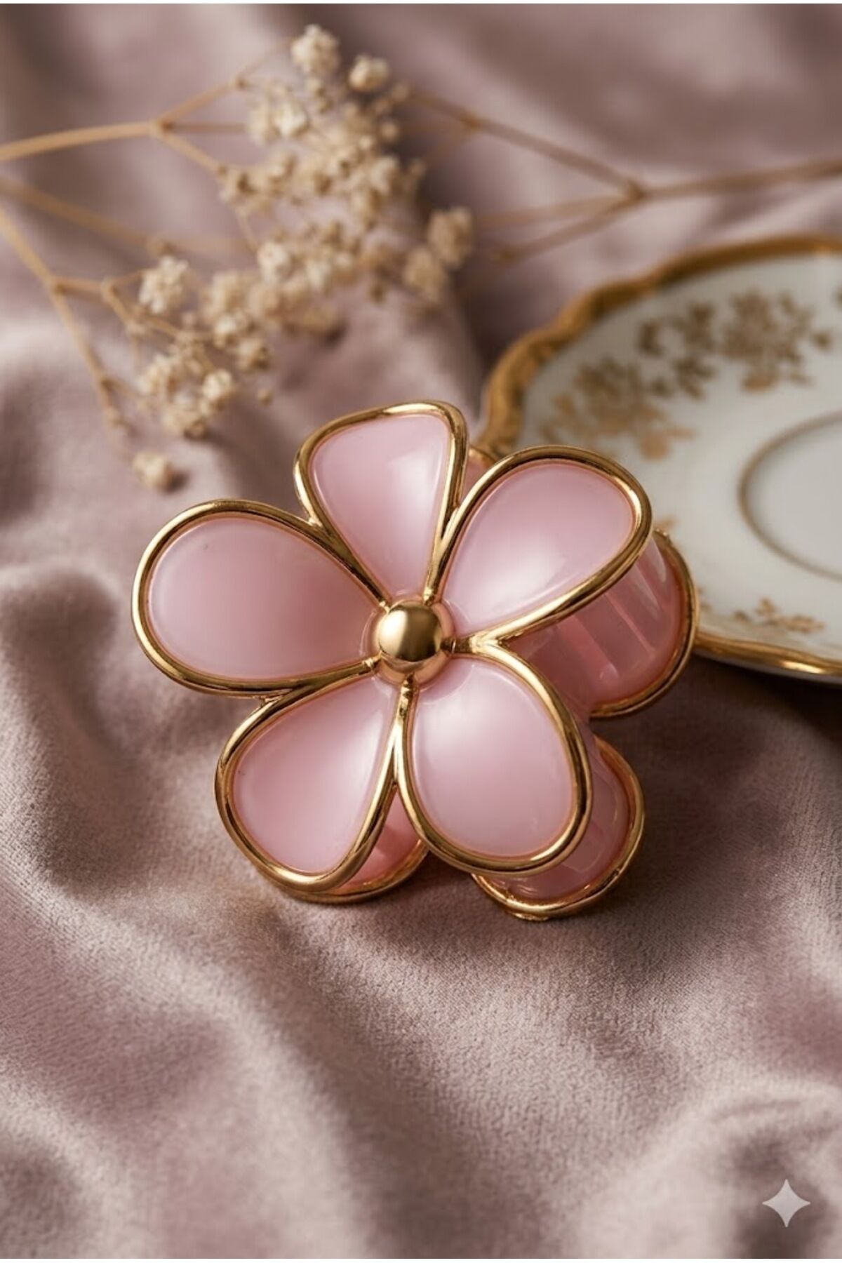 Lüks Seri 9 cm Daisy Papatya Mandal Toka - Gold Varaklı Tasarım Pembe