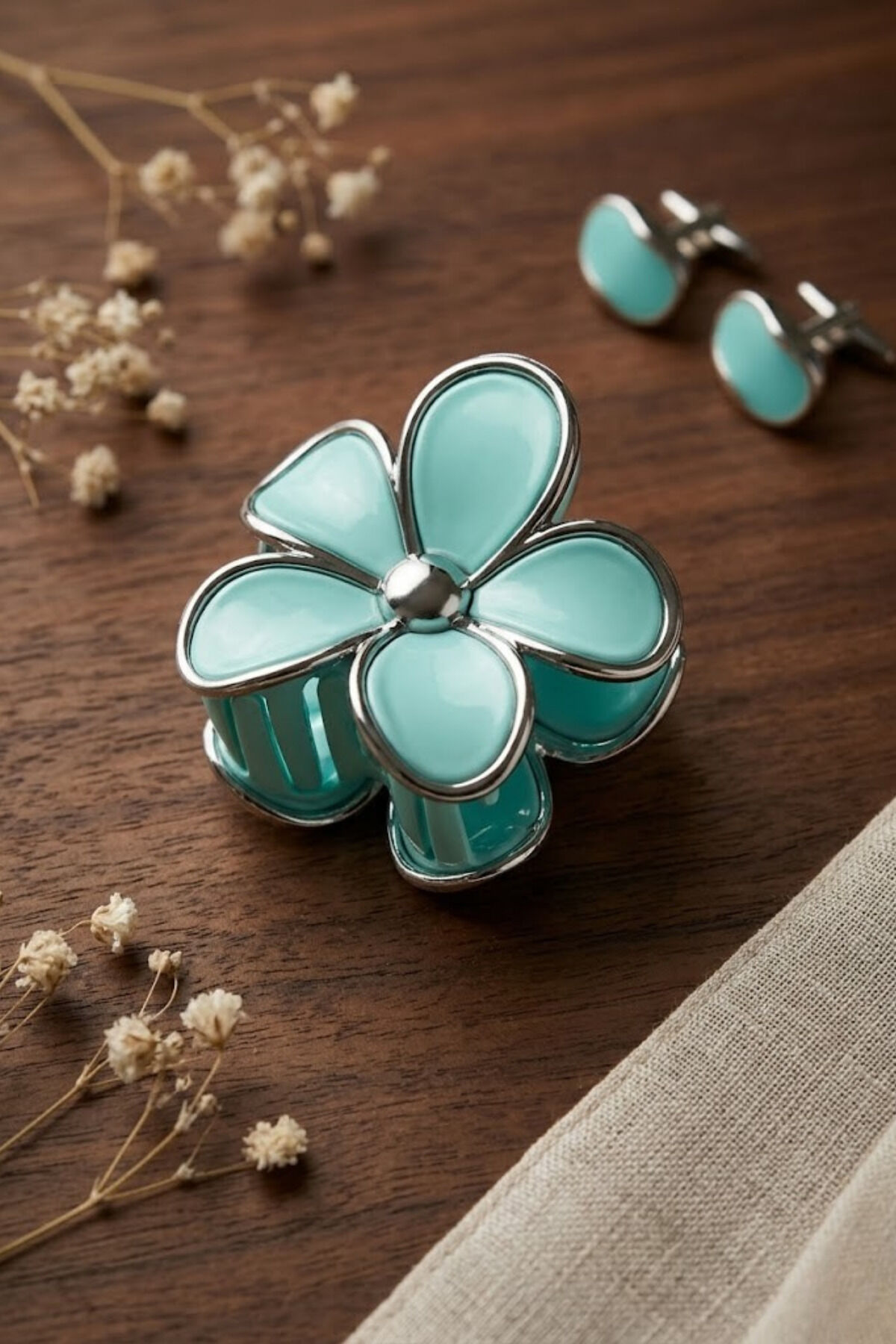 Lüks Seri 9 cm Daisy Papatya Mandal Toka - Varaklı Tasarım Turkuaz