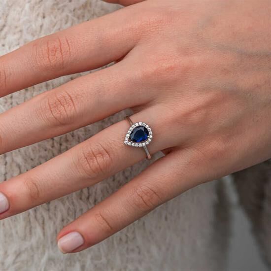 Gümüş Damla Safir Taşlı Kadın Yüzük