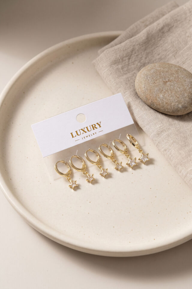 Yıldız Zirkon Taşlı Gold Renk Pirinç Set Küpe