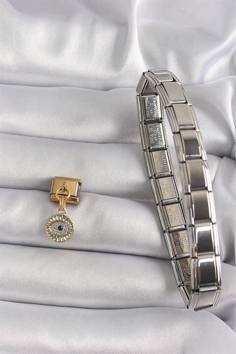 316L Çelik Gold Renk Sallantı Zirkon Taşlı Göz Model Nomination Charm
