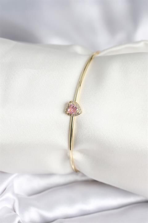 Pembe Zirkon Taşlı Kalp Model Gold Renk Kadın Bileklik