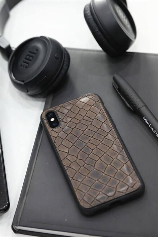 Guard Kahverengi Croco Desenli Deri iPhone X / XS Telefon  Kılıfı