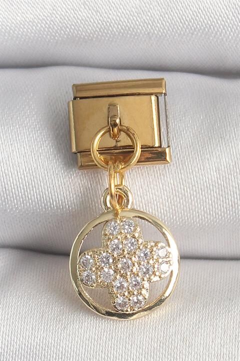 316L Çelik Gold Renk Sallantı Zirkon Taşlı Yonca Model Nomination Charm