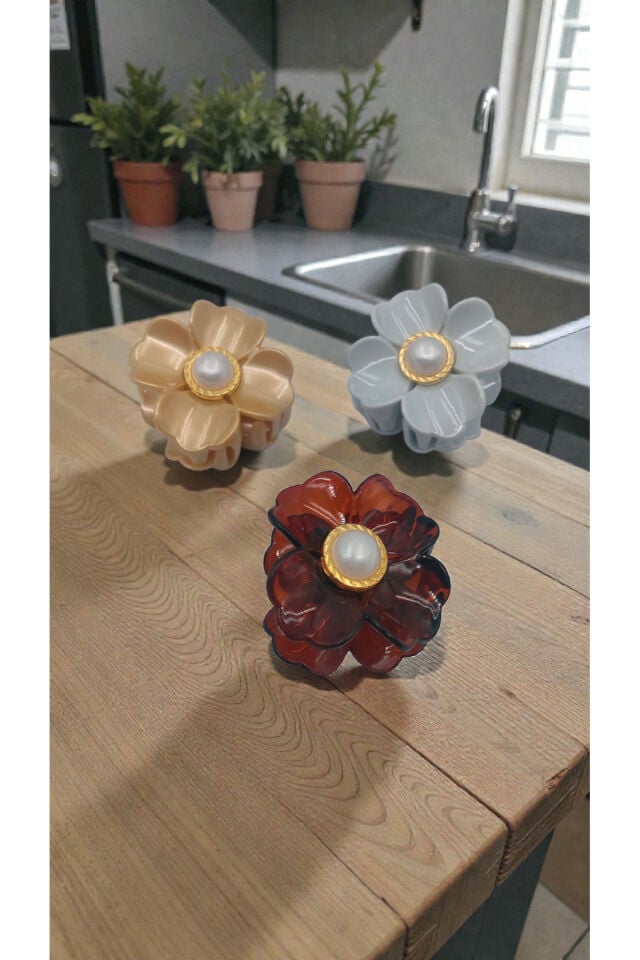 Kadın İncili Açelya Çiçeği Gri,Kahverengi, Karamel 3'Lü Mandal Toka Set