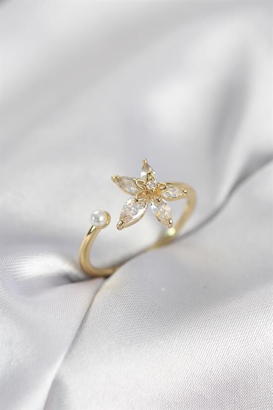 Lotus Model Zirkon Taşlı Gold Renk Kadın Yüzük
