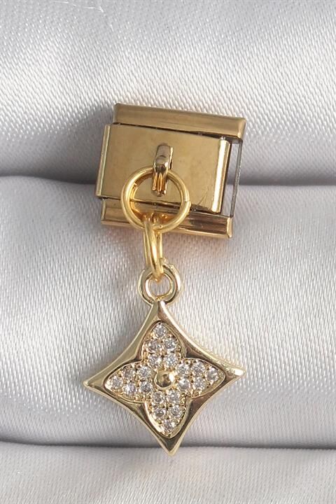 316L Çelik Gold Renk Sallantı Zirkon Taşlı Çiçek İşlemeli Nomination Charm