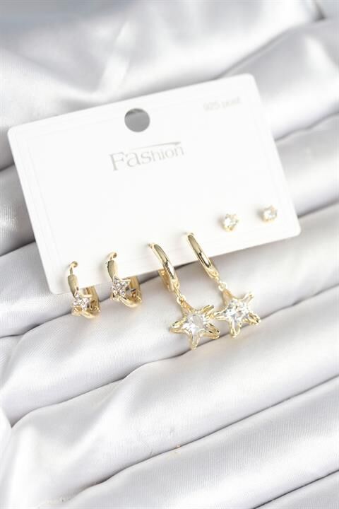 Pirinç Gold Renk Yıldız Model 925 Gümüş Çivili Kadın Küpe Seti