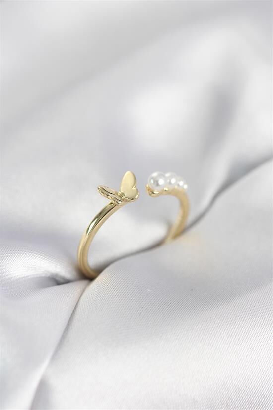İncili Kelebek Model Gold Renk Pirinç Kadın Yüzük