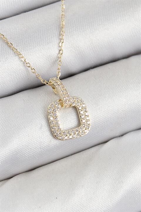 Pirinç Zirkon Taşlı Kare Model Gold Renk Kadın Kolye