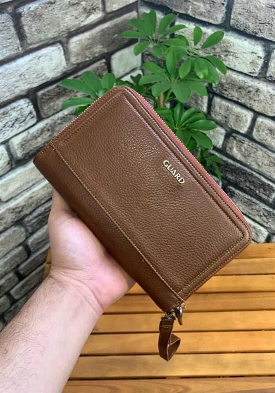 Guard Çift Fermuarlı Taba Deri El Çantası