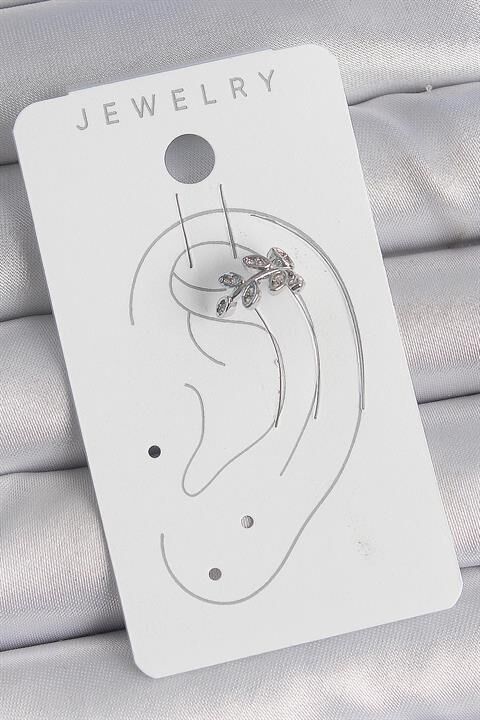 Pirinç Gümüş Renk Zirkon Taşlı Yaprak Model Kıkırdak Kadın Küpe