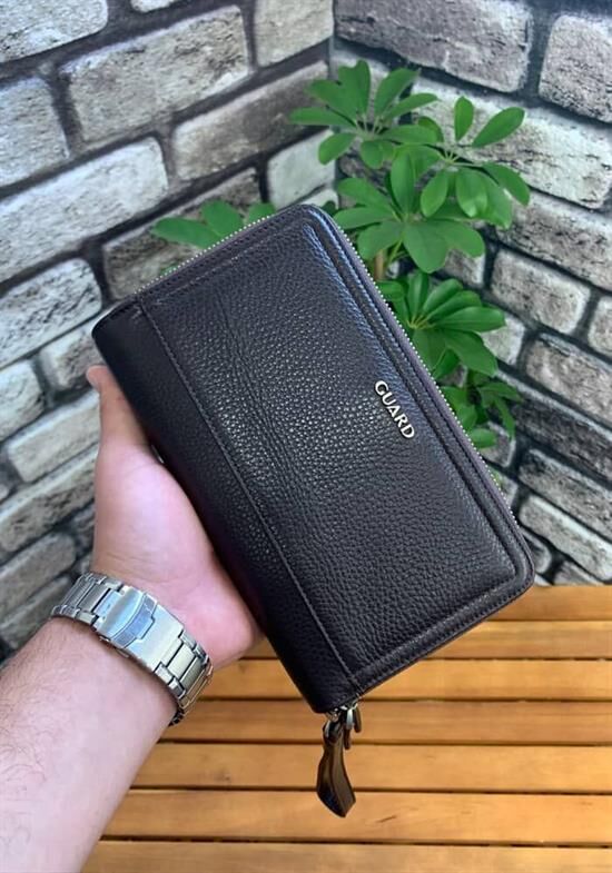 Guard Çift Fermuarlı Kahverengi Deri El Çantası