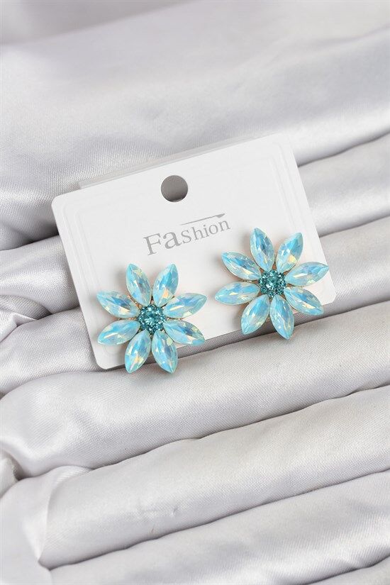 Buz Mavisi Renk Kristal Taşlı Lotus Çiçek Model Kadın Küpe