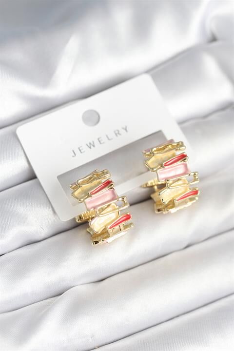 Mineli Karışık Renkli Gold Pirinç Kadın Küpe