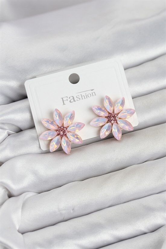 Pembe Renk Kristal Taşlı Lotus Çiçek Model Kadın Küpe