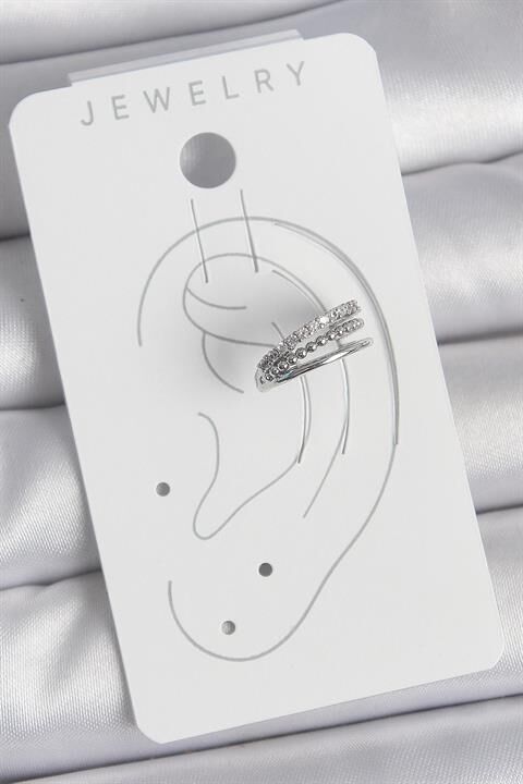 Pirinç Gümüş Renk Zirkon Taşlı 3'Lü Sıralı Model Kadın Kıkırdak Küpe