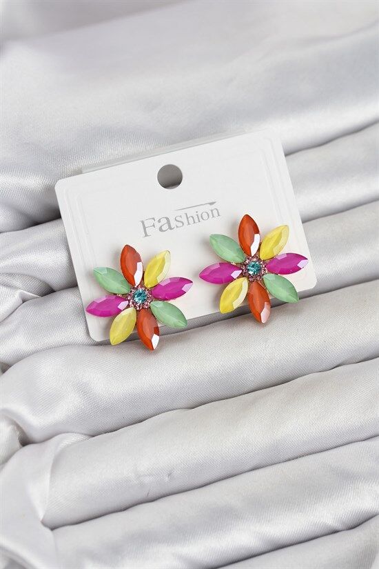 Karışık Renk Kristal Taşlı Lotus Çiçek Model Kadın Küpe