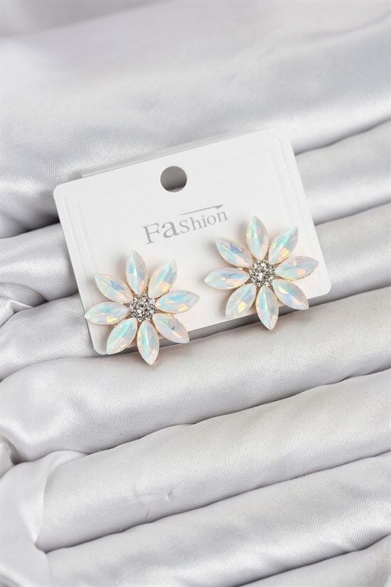 Beyaz Renk Kristal Taşlı Lotus Çiçek Model Kadın Küpe